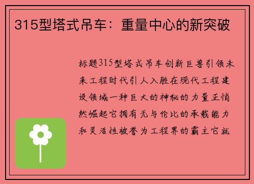 315型塔式吊车：重量中心的新突破