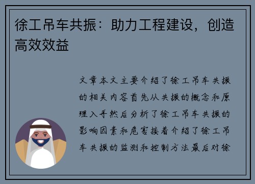 徐工吊车共振：助力工程建设，创造高效效益